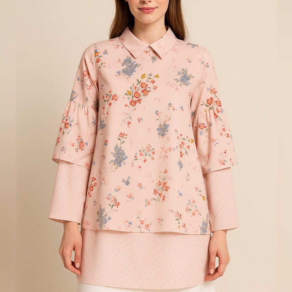 Floral Layered Tunic Blouse Pink Ruffle Sleeve Modest Top Flowy workwear 42 M
